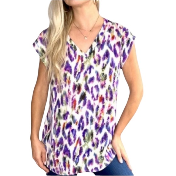 CABI 5027 Plume Feather Print Multicolored Cap Sleeve V Neck Top Small - Picture 1 of 13